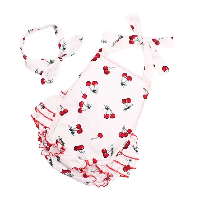2019 Cotton Baby Girl Rompers Headband Set Sleeveless Toddler Ruffled Cherry pattern Romper Photography Props Clothes YC053
