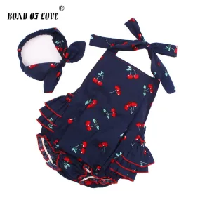 2019 Cotton Baby Girl Rompers Headband Set Sleeveless Toddler Ruffled Cherry pattern Romper Photography Props Clothes YC053