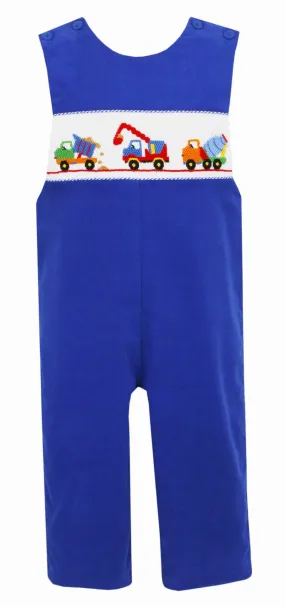 Anavini Baby / Toddler - Boys Royal Blue Corduroy Smocked Construction Trucks Longall