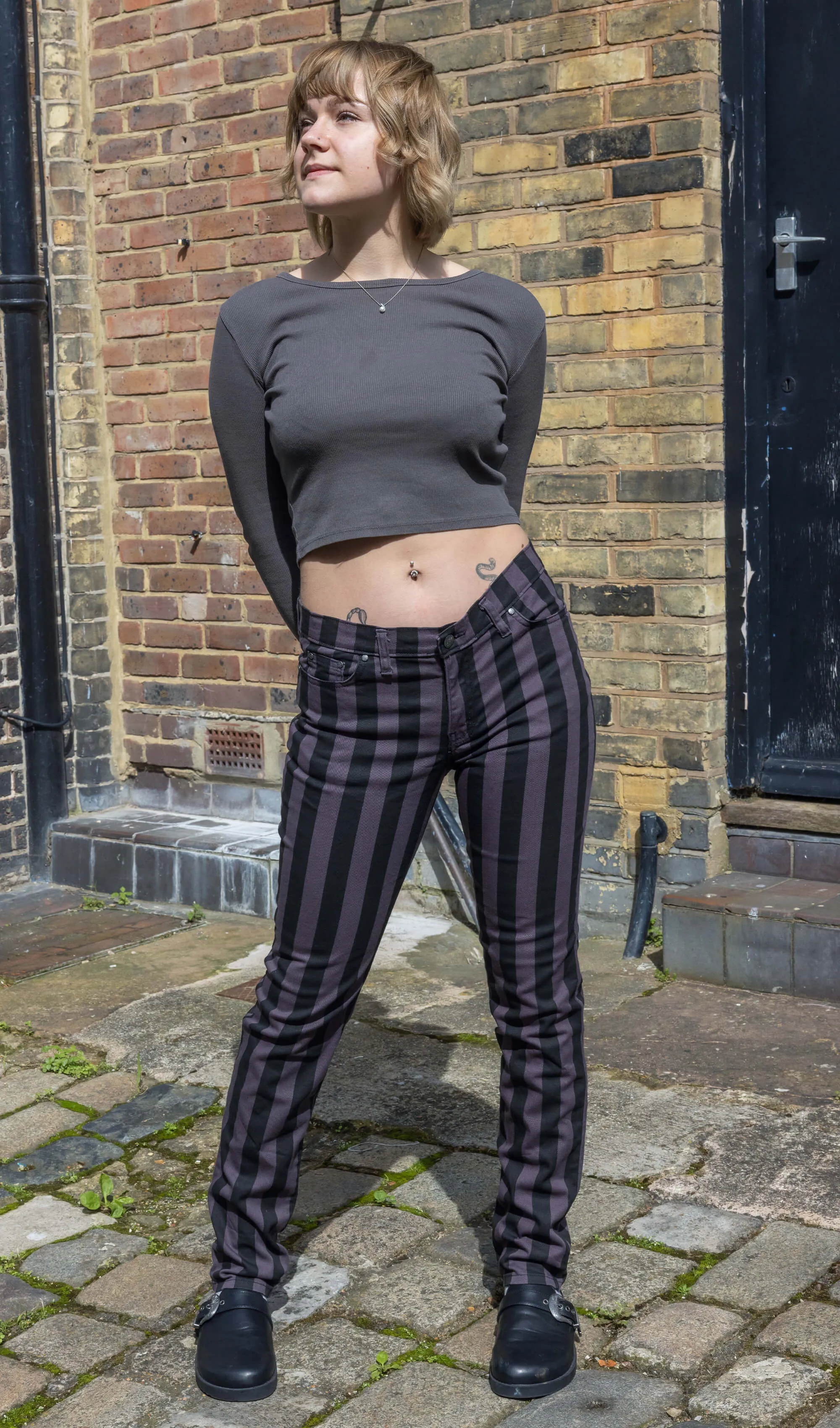 Black & Grey 1" Striped Mid Rise Stretch Skinny Jeans