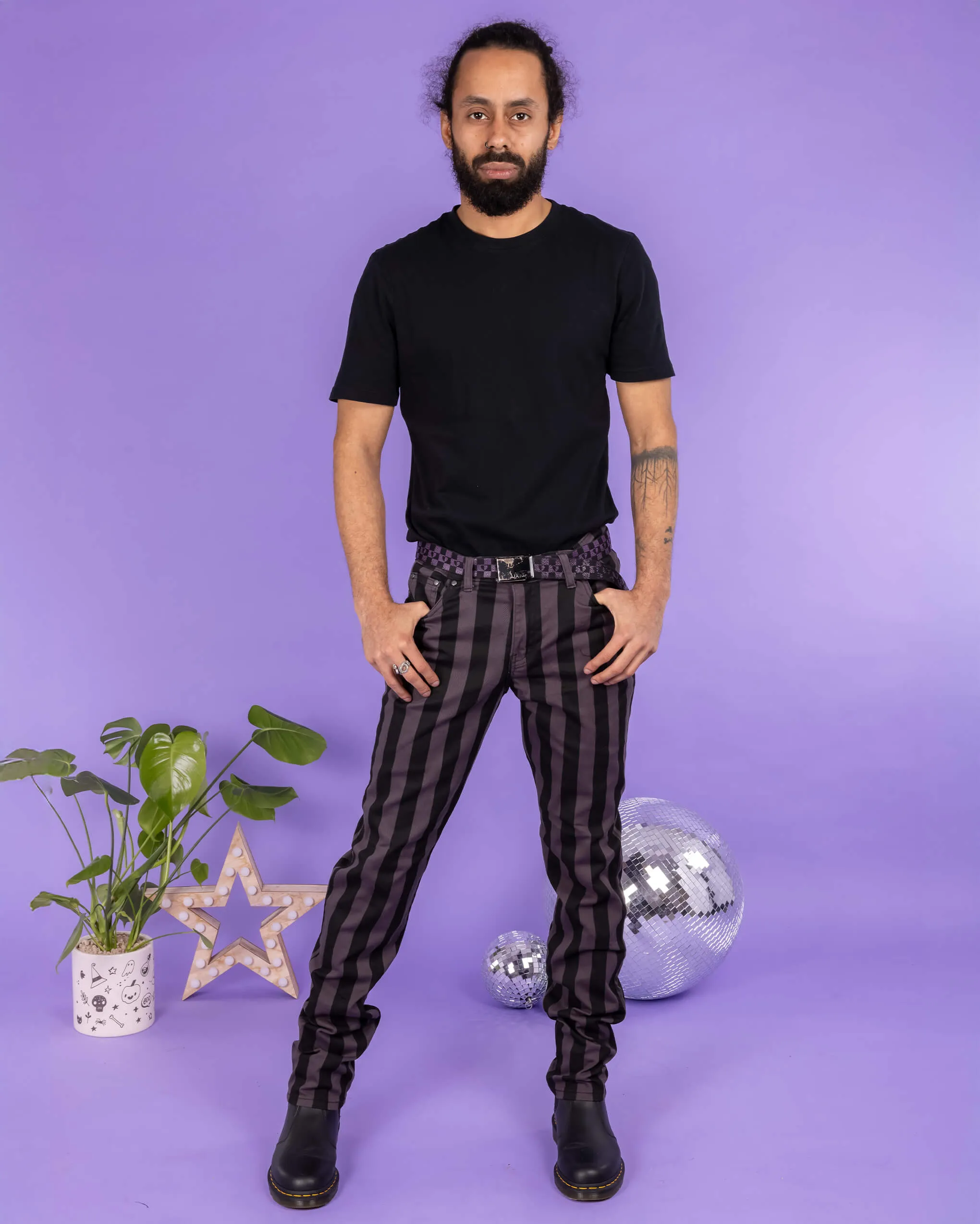 Black & Grey 1" Striped Mid Rise Stretch Skinny Jeans