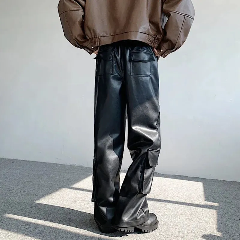Black Solid Rivet Leather Pants