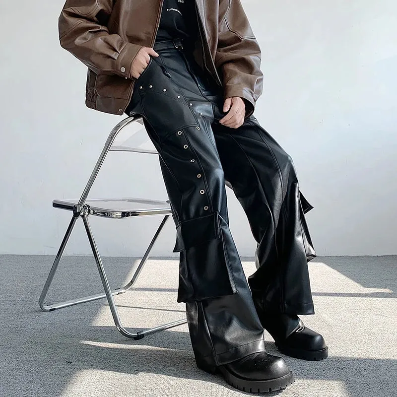 Black Solid Rivet Leather Pants