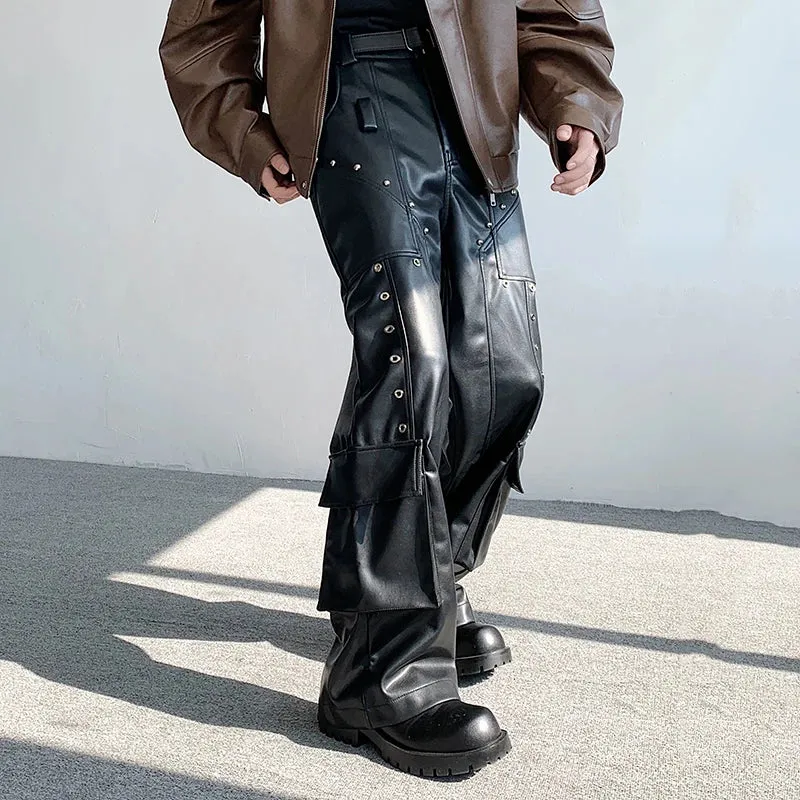 Black Solid Rivet Leather Pants