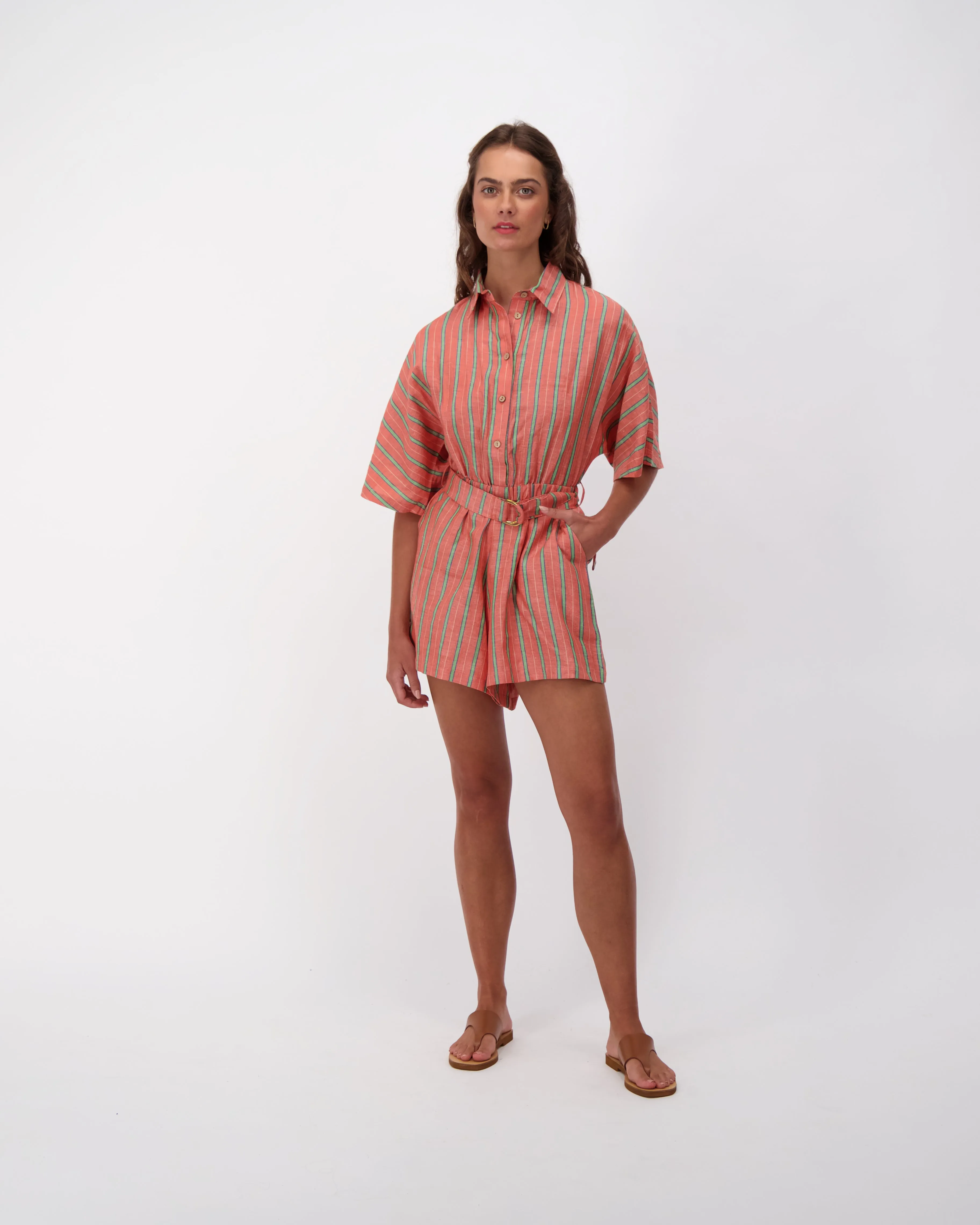 Linen Blend Cinched Waist Utility Romper