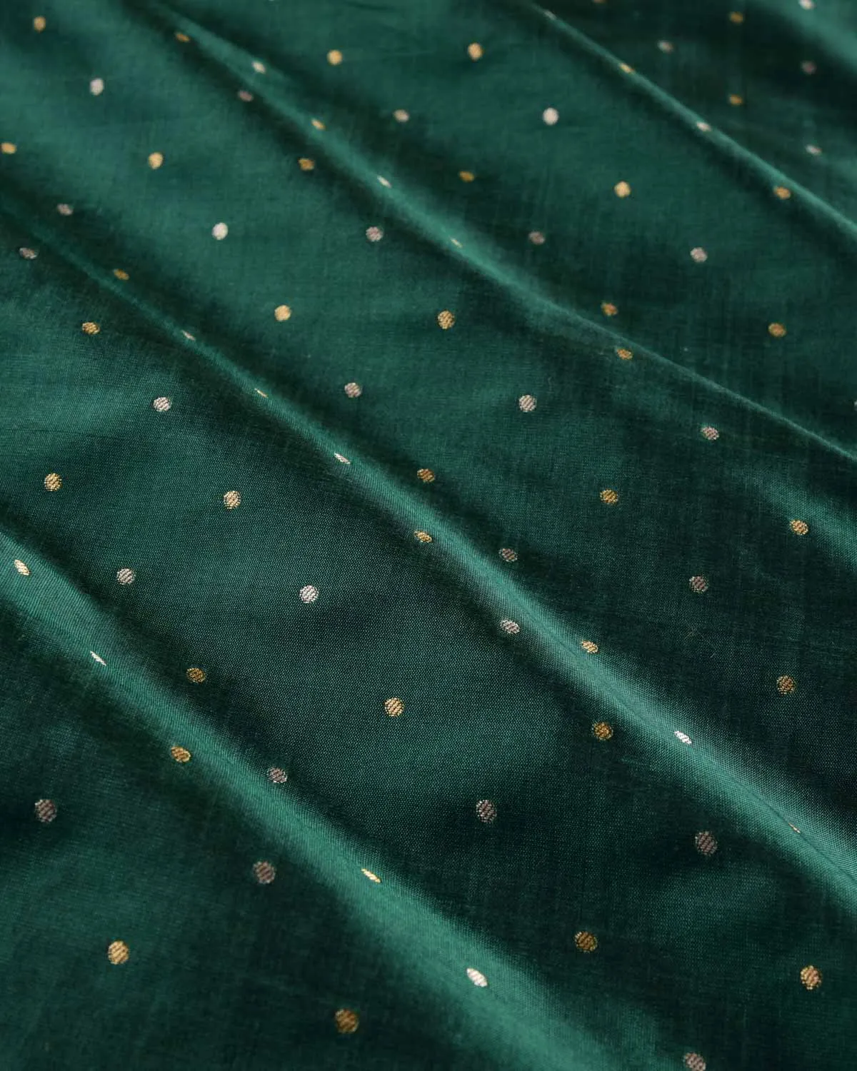 Midnight Green Banarasi Gold & Silver Zari Mini Polka Buti Cutwork Brocade Handwoven Katan Silk Unisex Fabric