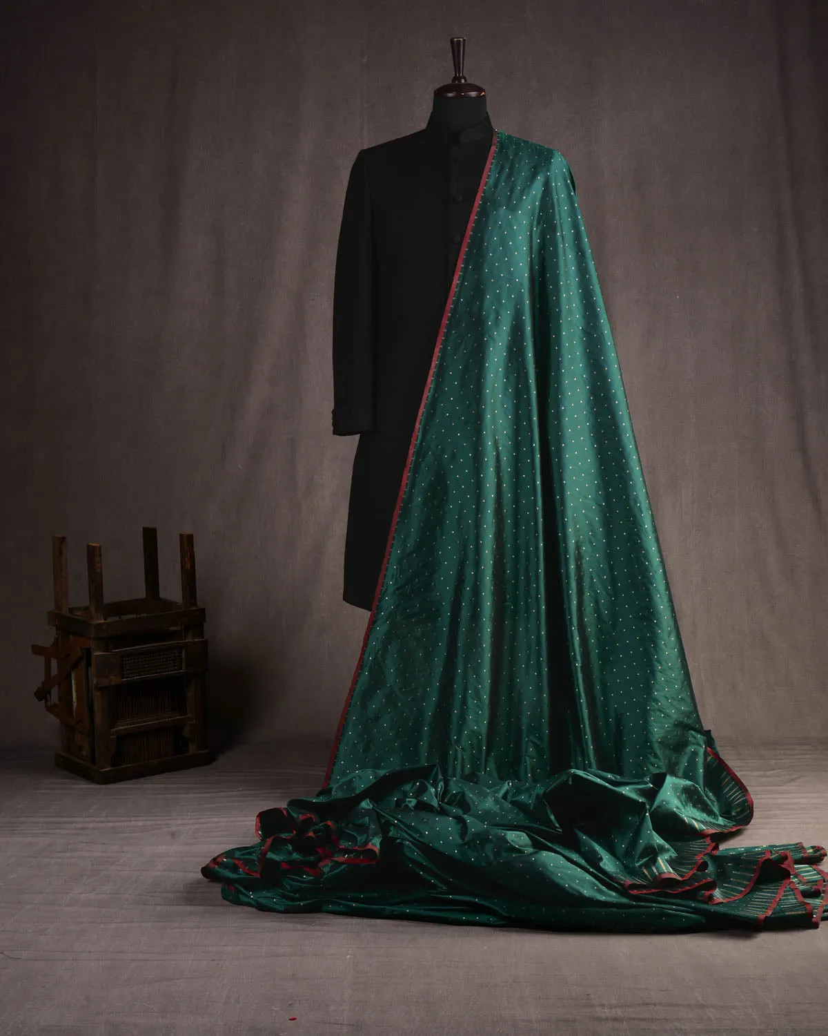 Midnight Green Banarasi Gold & Silver Zari Mini Polka Buti Cutwork Brocade Handwoven Katan Silk Unisex Fabric