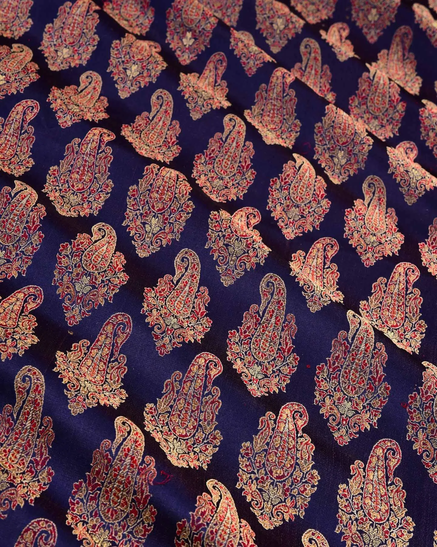 Navy Blue Banarasi Tehra Jamawar Brocade Handwoven Katan Silk Fabric with Zari Accents