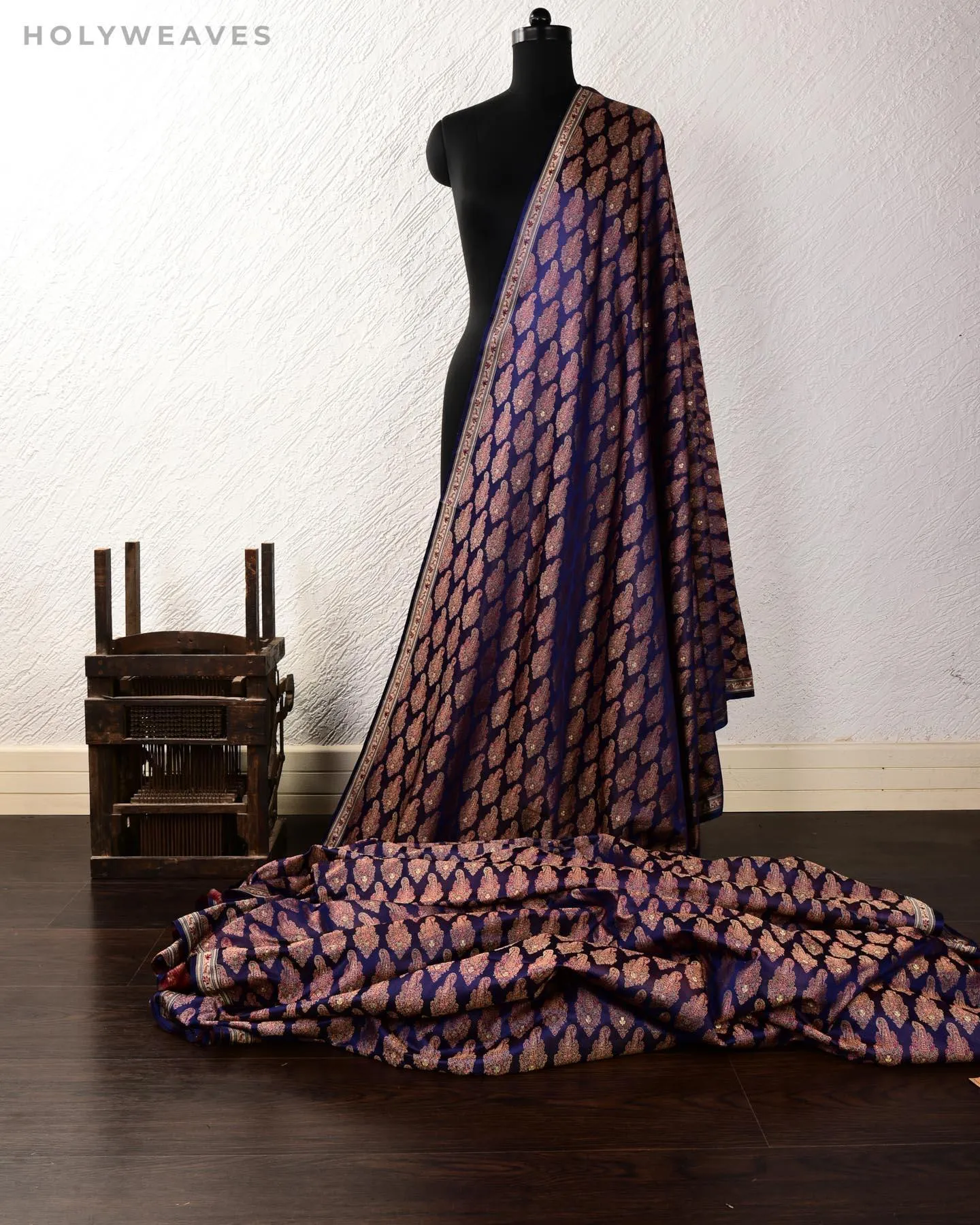 Navy Blue Banarasi Tehra Jamawar Brocade Handwoven Katan Silk Fabric with Zari Accents