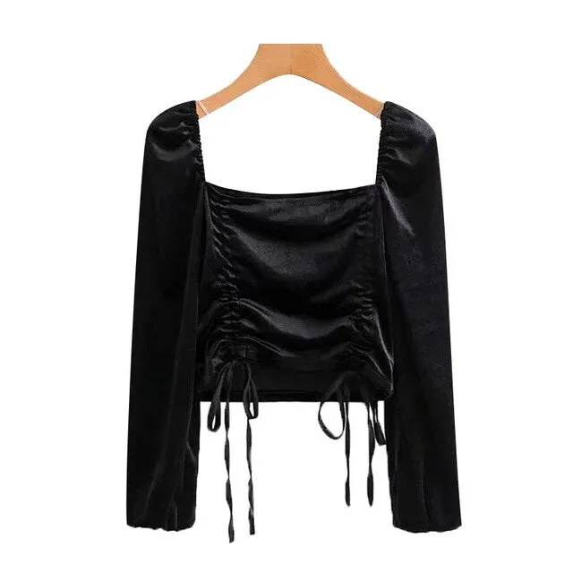 TIED VELVET CROPPED BLOUSE