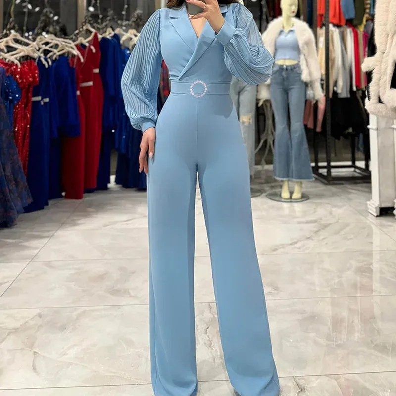 UAKISS  -  2024 Women Autumn Long Sleeve One Piece Overalls Female Casual Solid Patchwork Jumpsuit Slim Fitness Ladies Sexy V Neck Rompers