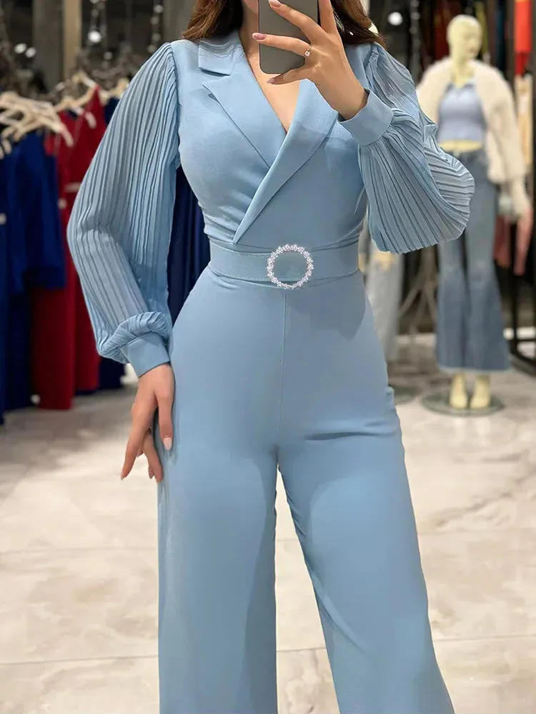 UAKISS  -  2024 Women Autumn Long Sleeve One Piece Overalls Female Casual Solid Patchwork Jumpsuit Slim Fitness Ladies Sexy V Neck Rompers