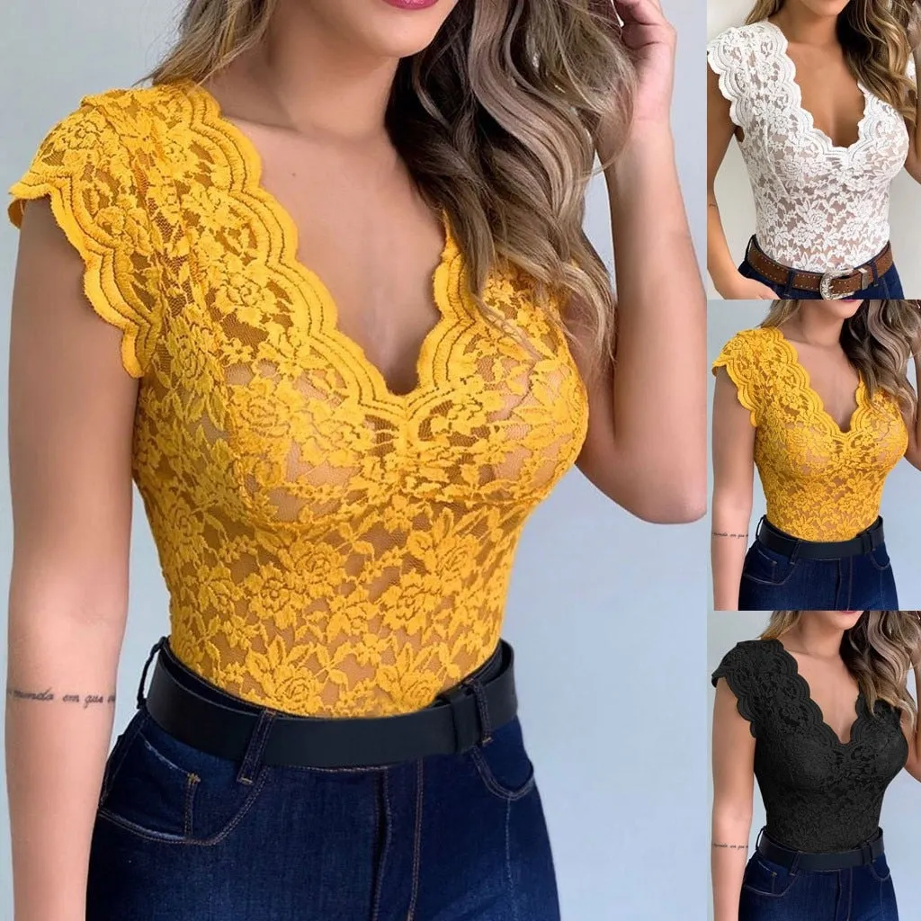 Women Bodysuits Solid V-neck Sheer Mesh Lace Sleeveless Slim Bodysuit