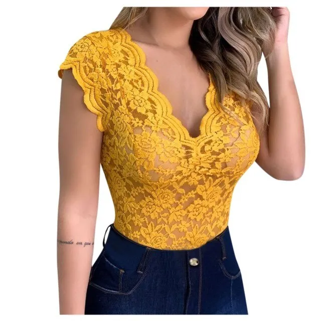 Women Bodysuits Solid V-neck Sheer Mesh Lace Sleeveless Slim Bodysuit