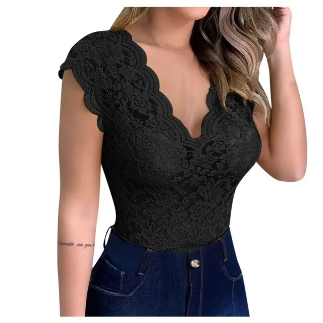 Women Bodysuits Solid V-neck Sheer Mesh Lace Sleeveless Slim Bodysuit