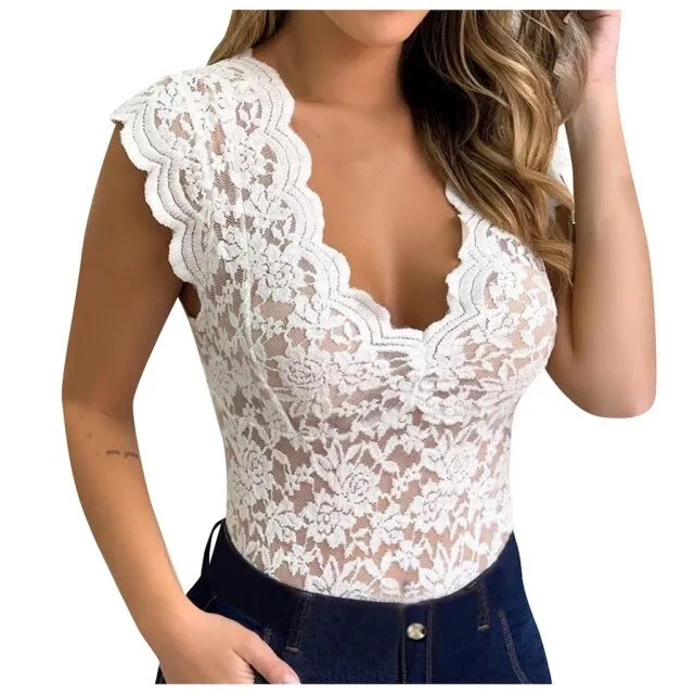 Women Bodysuits Solid V-neck Sheer Mesh Lace Sleeveless Slim Bodysuit